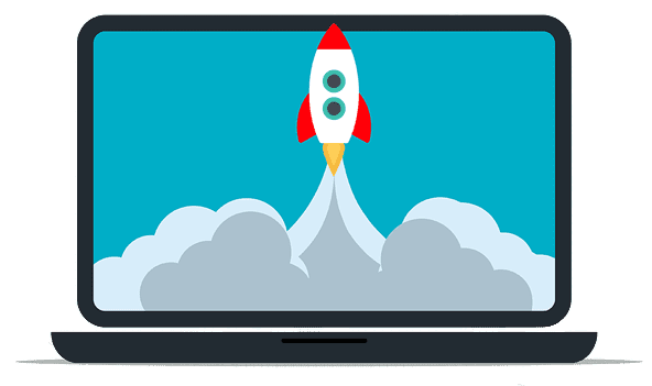 A graphic of a red and white rocket launching from a laptop screen, symbolizing startup or digital innovation in electricians' web design and development, set against a plain teal background.