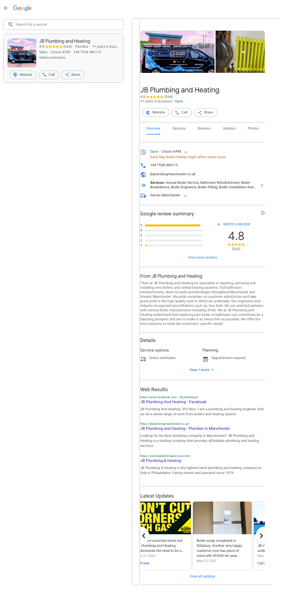 A Google Business Profile screenshot of JB Plumbing and Heating