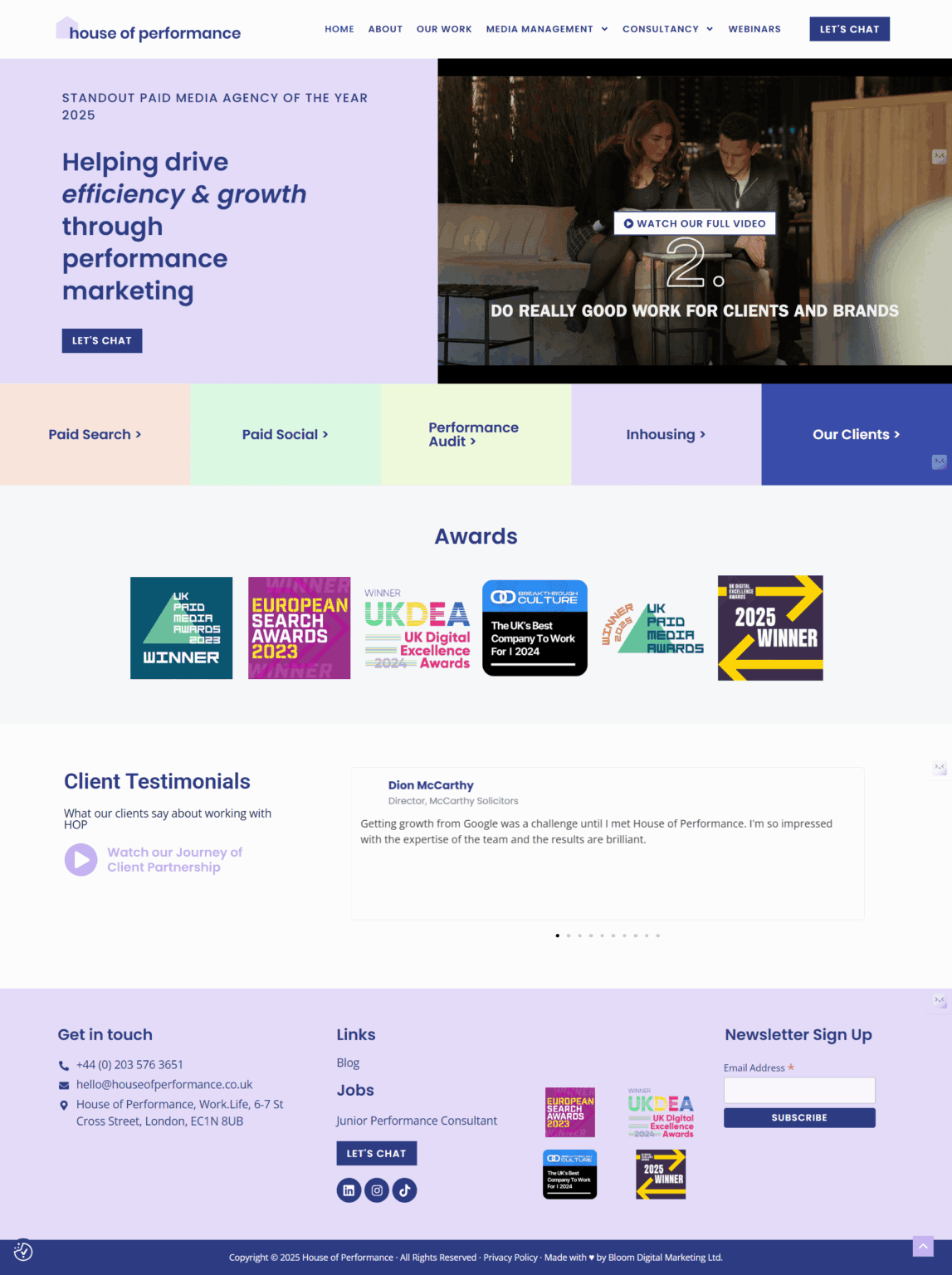 Website screenshot of House of Performance