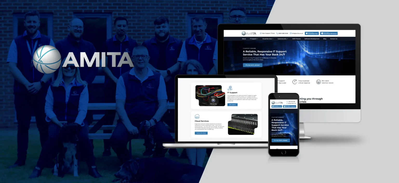 A group photo of people in matching vests next to the AMITA logo, beside a display of the AMITA website on a laptop, tablet, and smartphone.