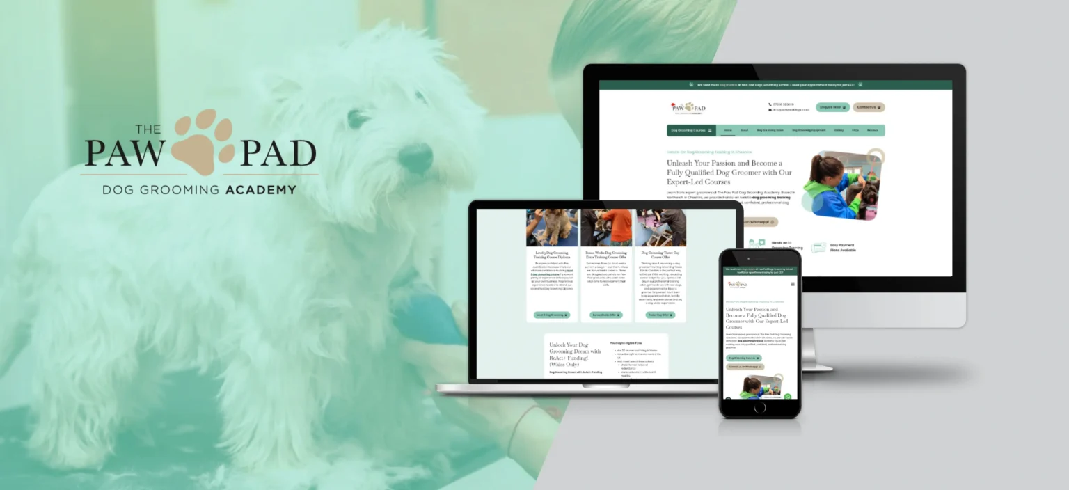 Promotional image for The Paw Pad Grooming Academy showing its website displayed on a desktop, laptop, and mobile device, with a white dog in the background. Perfect for showcasing professional dog grooming education.