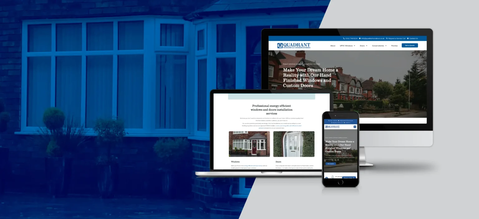 A desktop, laptop, and smartphone display a website for Quadrant Windows; a house with bay windows is shown in the background, highlighting reliable Cheshire Plumbing and plumbing services.