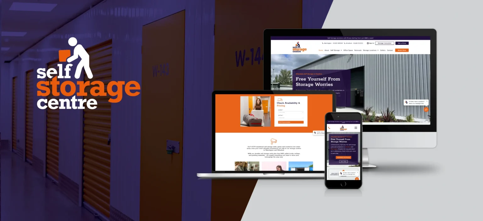 Three devices display the Storage Centre website, featuring vibrant orange branding, beside an orange storage unit background and the company logo on the left.