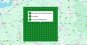 A map displays a grid of green squares with the number 1 and a highlighted marker listing three heating and plumbing services by Julian Bland in the center.