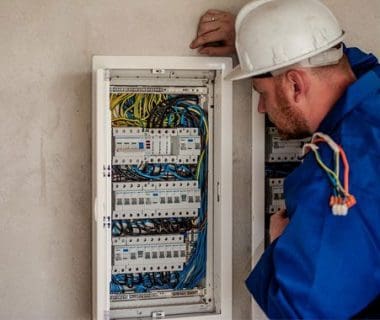 An electrician in a hard hat and blue uniform works on a complex and numerous wires and switches